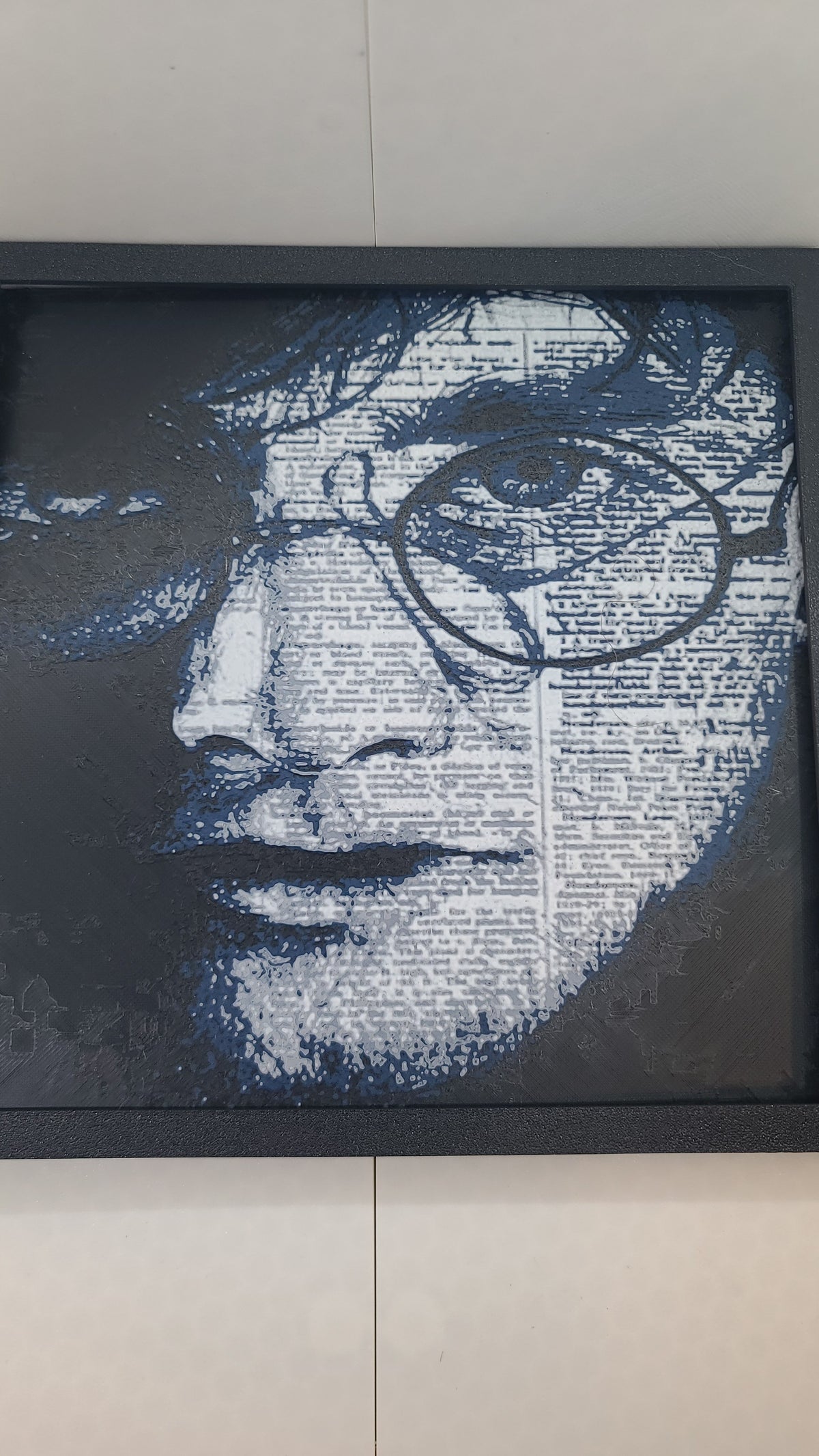 3D printed Harry Potter portrait in blue and white hues, featuring book text texture in a frame.