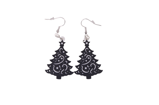 Black Starburst Christmas Tree Earrings