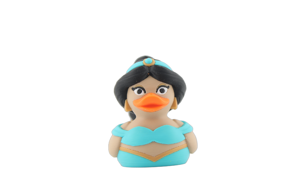 Front close view of the 3D printed Arabian princess duck with teal headband, gold earrings and teal top with gold trim