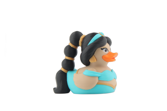 3D printed Arabian princess duck side view showing her long black bubble ponytail with gold bands and teal outfit on a white background