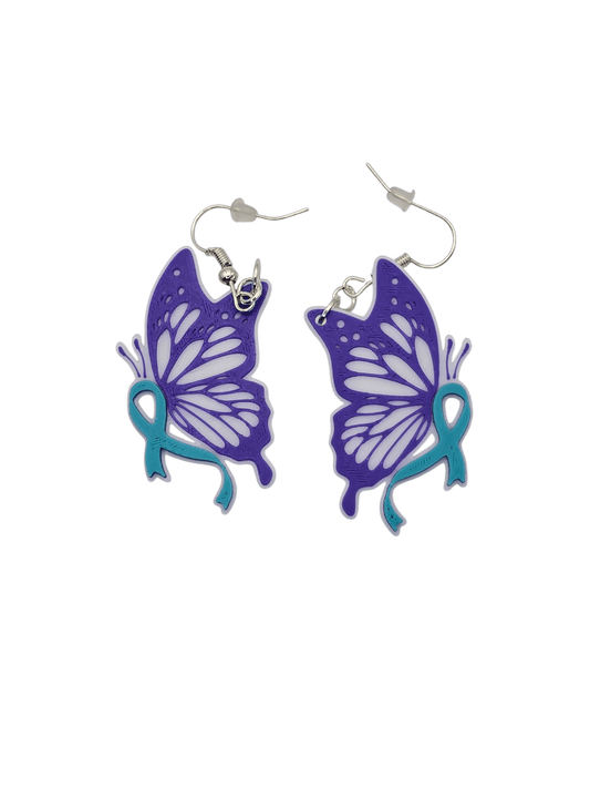 Purple & Teal Monarch Ribbon Awareness Earrings - Erratically Eccentric Creations
