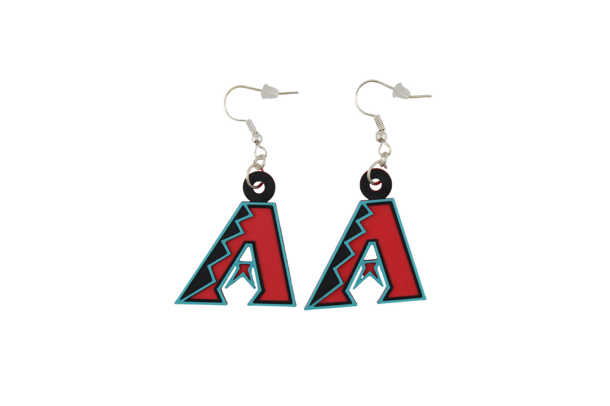 Small 3D printed Arizona Diamondbacks logo dangle earrings with black, red, and teal accents.