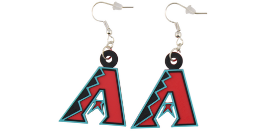3D printed Arizona Diamondbacks logo dangle earrings with black, red, and teal accents.