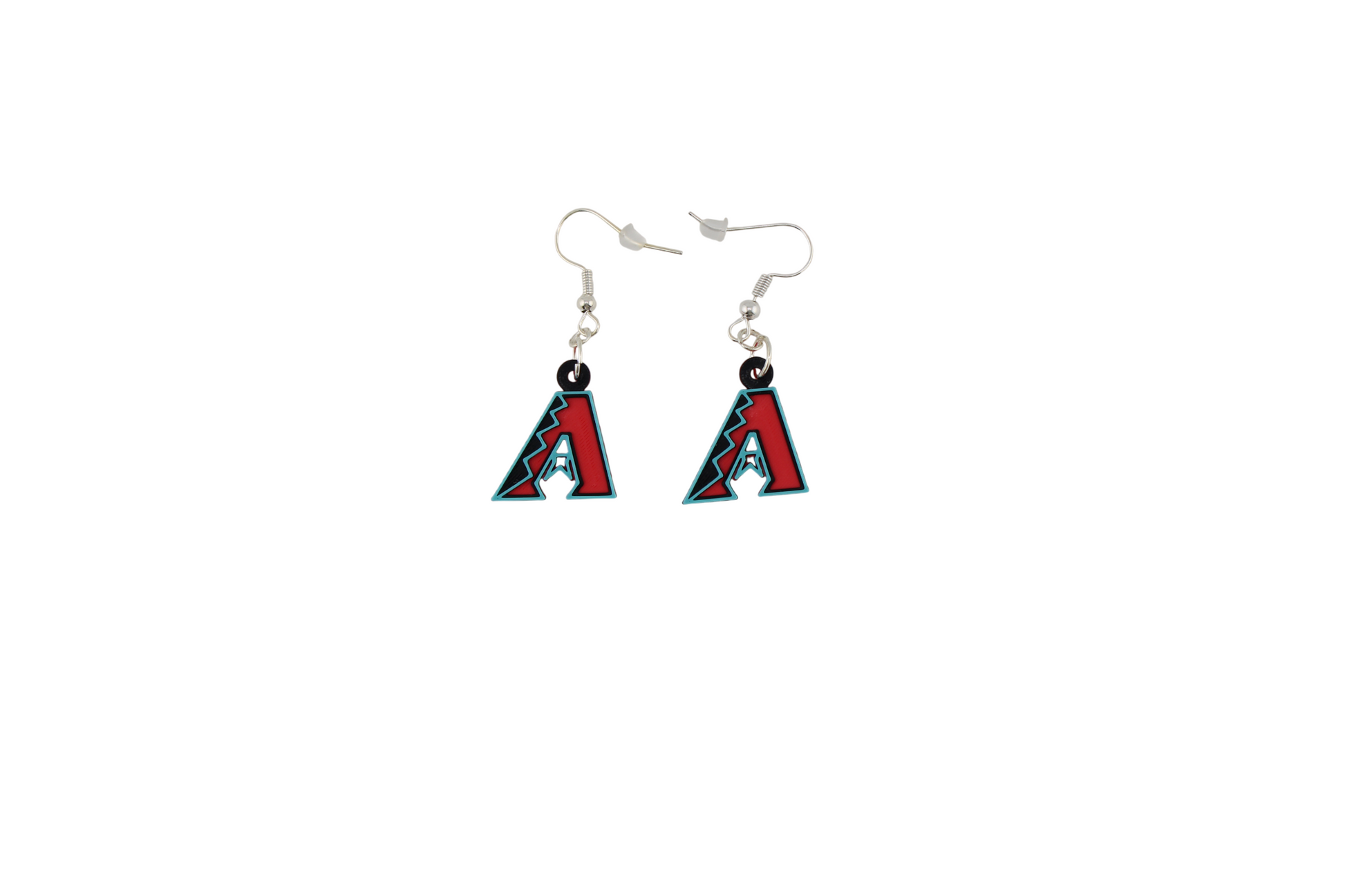 3D printed Arizona Diamondbacks logo stud earrings on a pink marble display card.