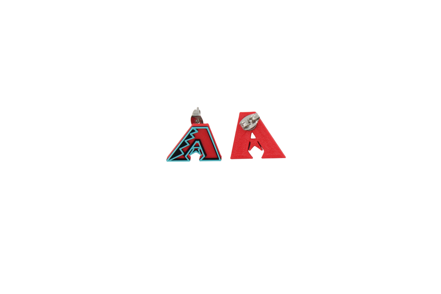3D printed Arizona Diamondbacks stud earrings showing the front and back of the red 'A' logo.