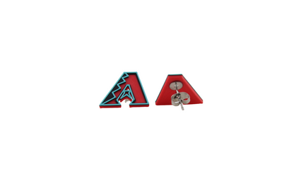 3D printed Arizona Diamondbacks logo stud earrings in red, black, and teal with silver backs.