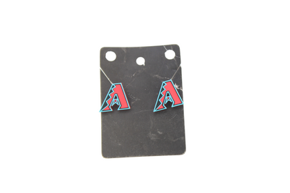 3D printed Arizona Diamondbacks logo stud earrings on a black marble display card.