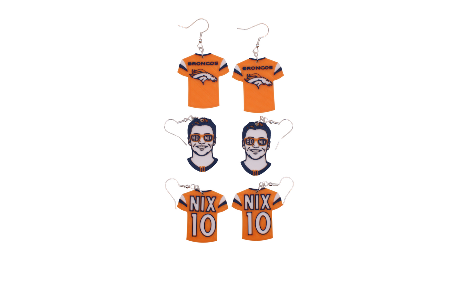 Three pairs of 3D printed Bo Nix Denver Broncos dangle earrings in jersey and portrait styles.