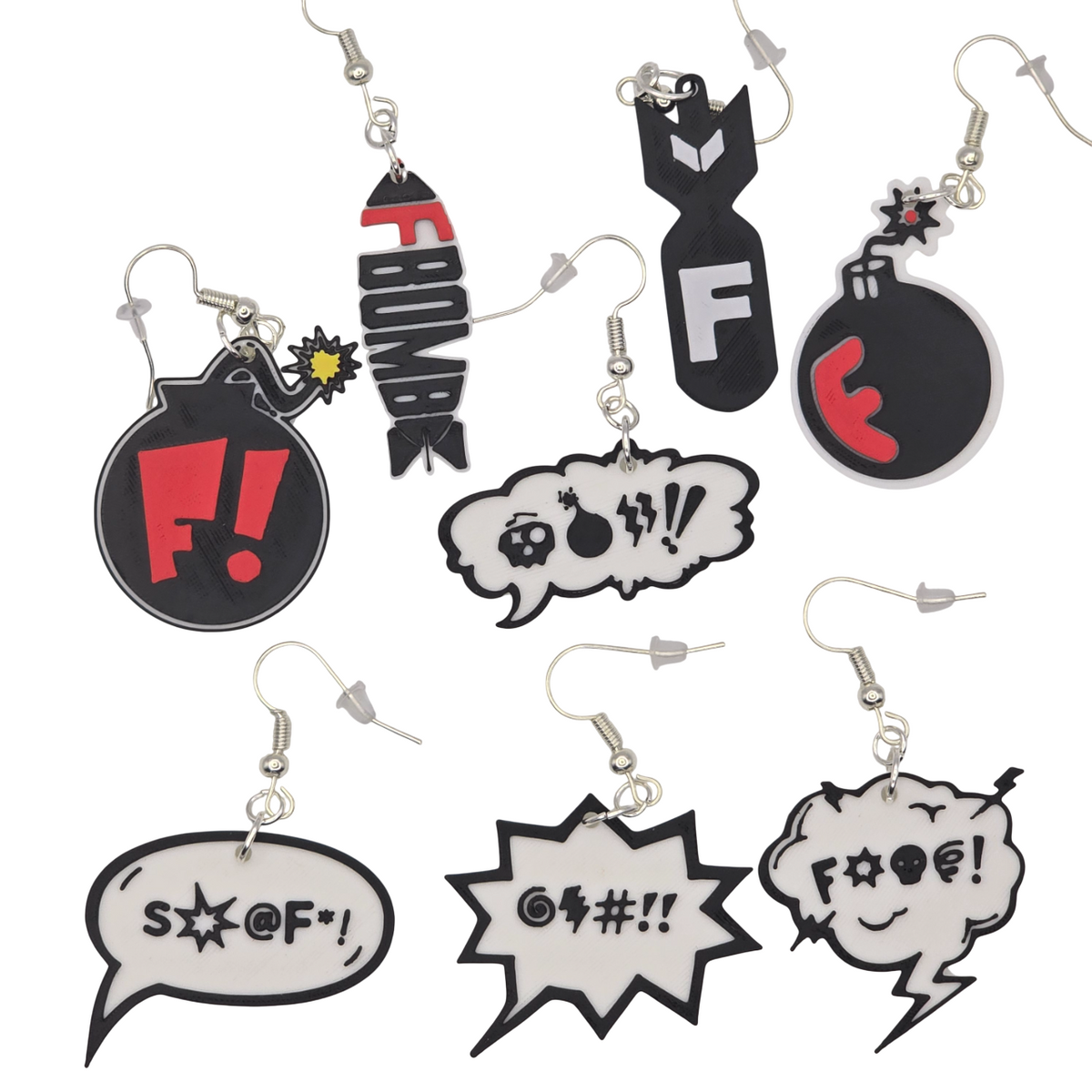 Collection of 3D printed F-bomb and comic-style speech bubble earrings in black, white, and red.
