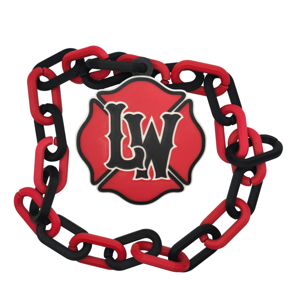3D printed red and black chain necklace with a Maltese Cross pendant featuring LW initials.