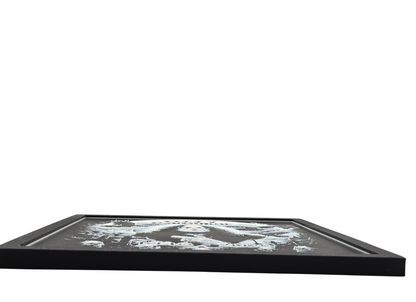 Framed memorial painting for Ozzy Osbourne with crows, skulls, and cross symbols and birth and death years on a black background.