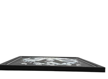 Framed memorial painting for Ozzy Osbourne with crows, skulls, and cross symbols and birth and death years on a black background.