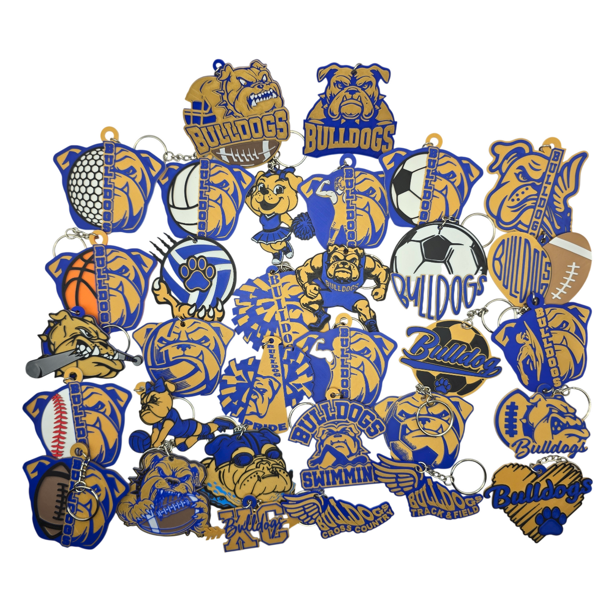 Collection of 33 keychains of 3D printed Bulldog spirit keychains in blue and gold sports designs.