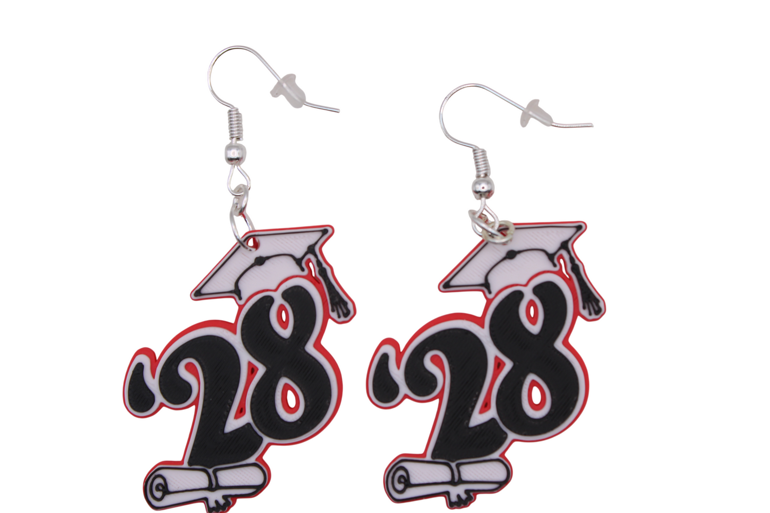 Class of '28 graduation earrings in red, white, and black with a cap and diploma design.