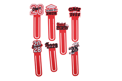 Set of 7 3D printed Class of 2028 graduation bookmarks in red, black, and white with grad caps and Senior 2028 designs