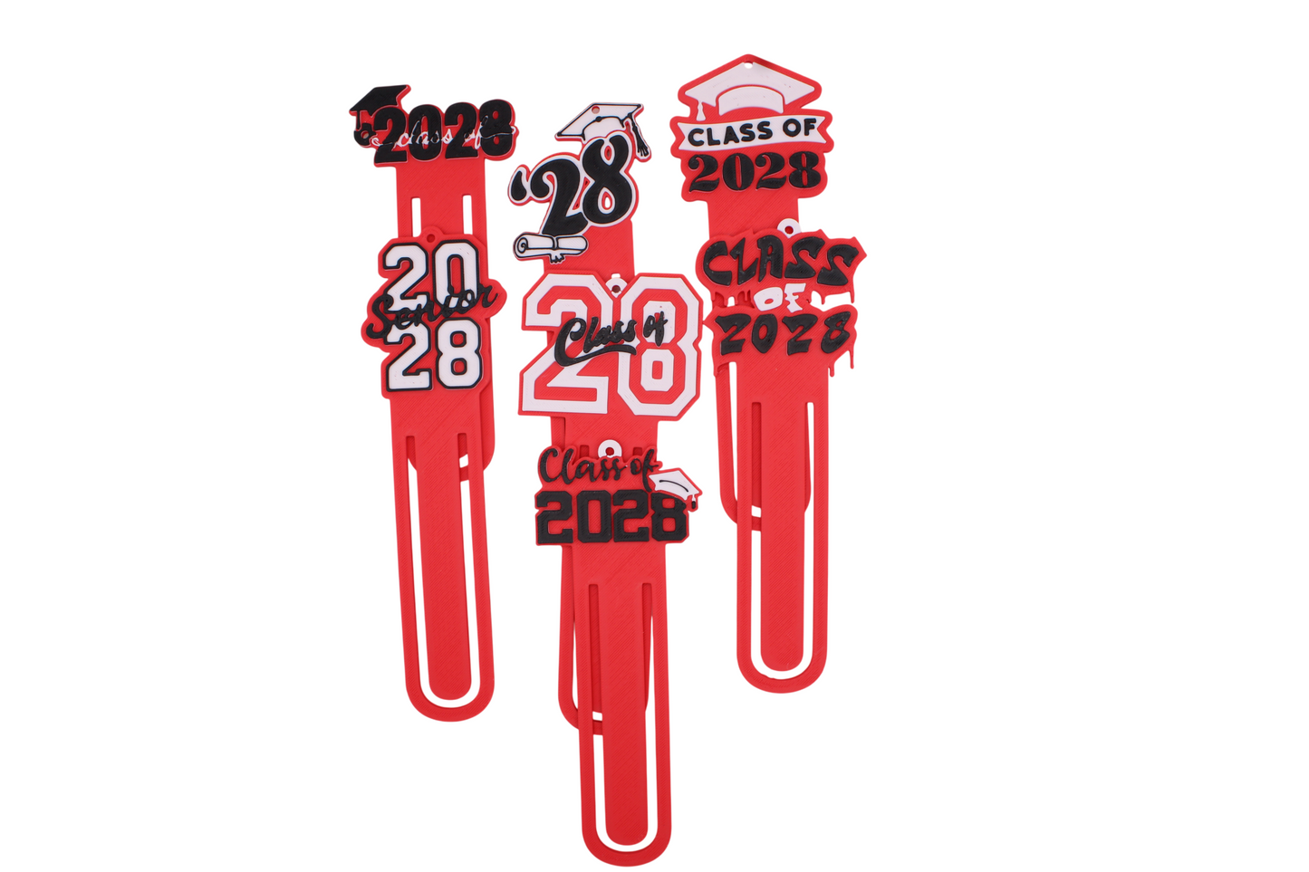 Set of 7 3D printed Class of 2028 graduation bookmarks in red, black, and white with grad caps and Senior 2028 designs