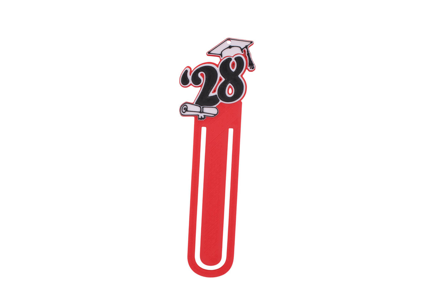 3D printed red graduation bookmark with black and white Class of 2028 lettering and cap icons