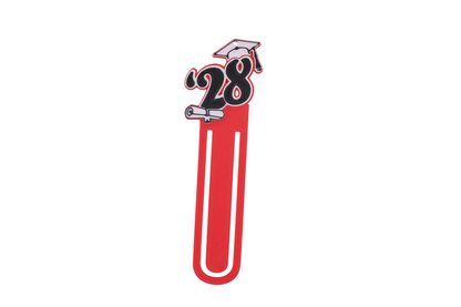 3D printed red graduation bookmark with black and white Class of 2028 lettering and cap icons