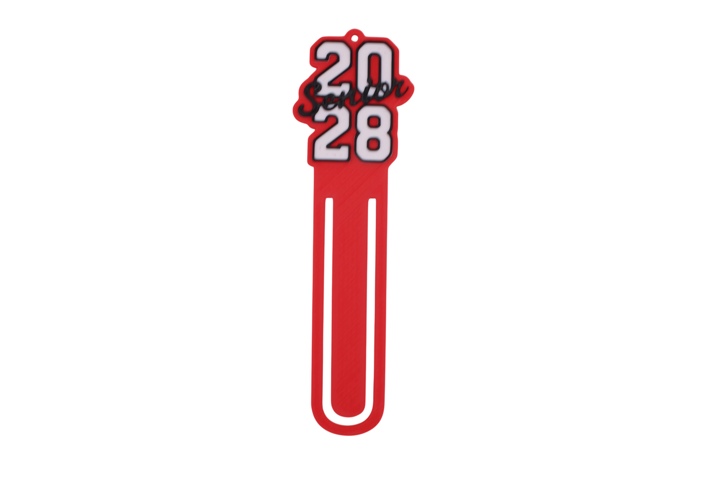 3D printed red graduation bookmark with black and white Class of 2028 lettering and cap icons