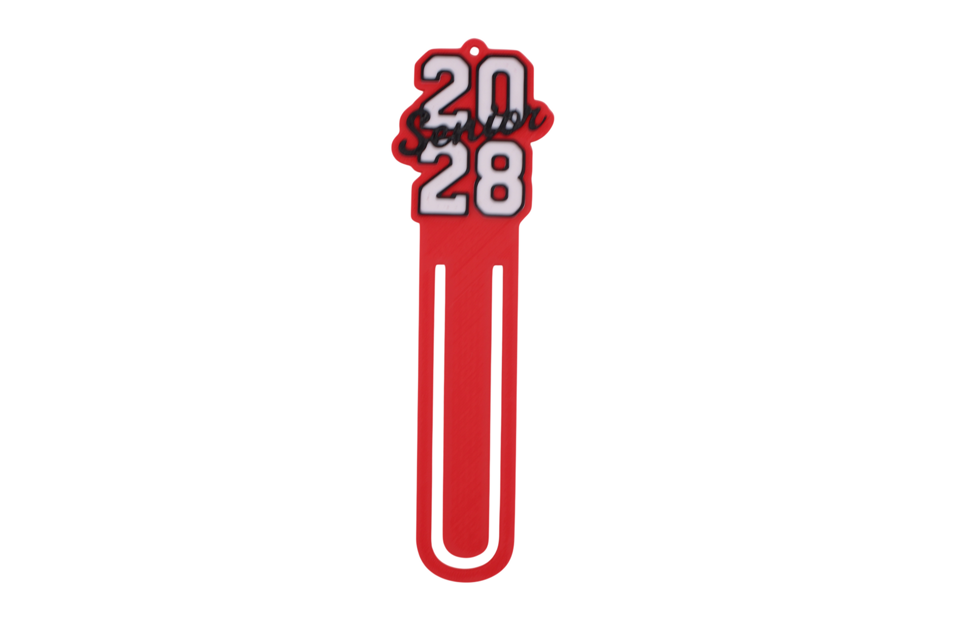 3D printed red graduation bookmark with black and white Class of 2028 lettering and cap icons