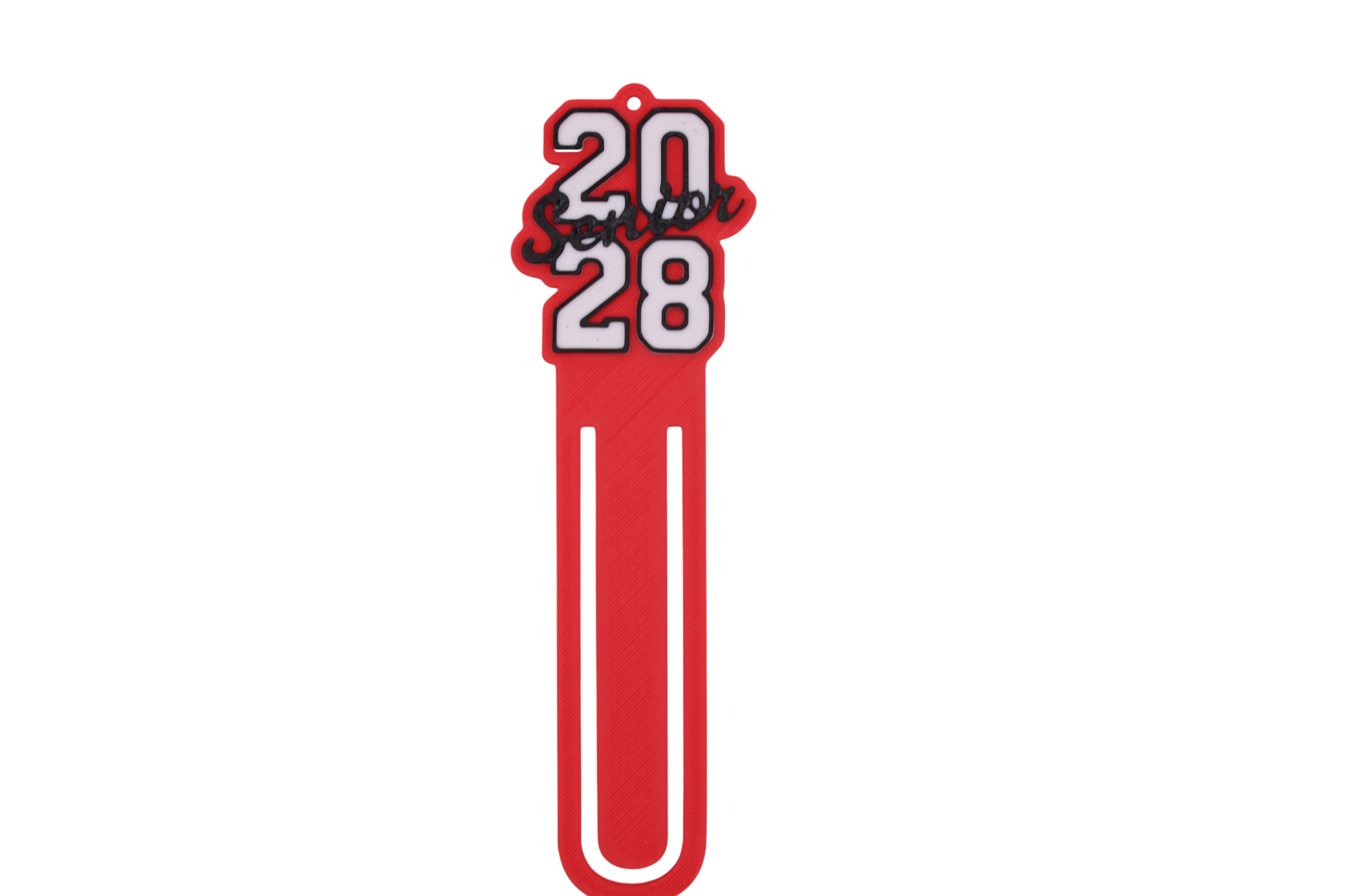 3D printed red graduation bookmark with black and white Class of 2028 lettering and cap icons