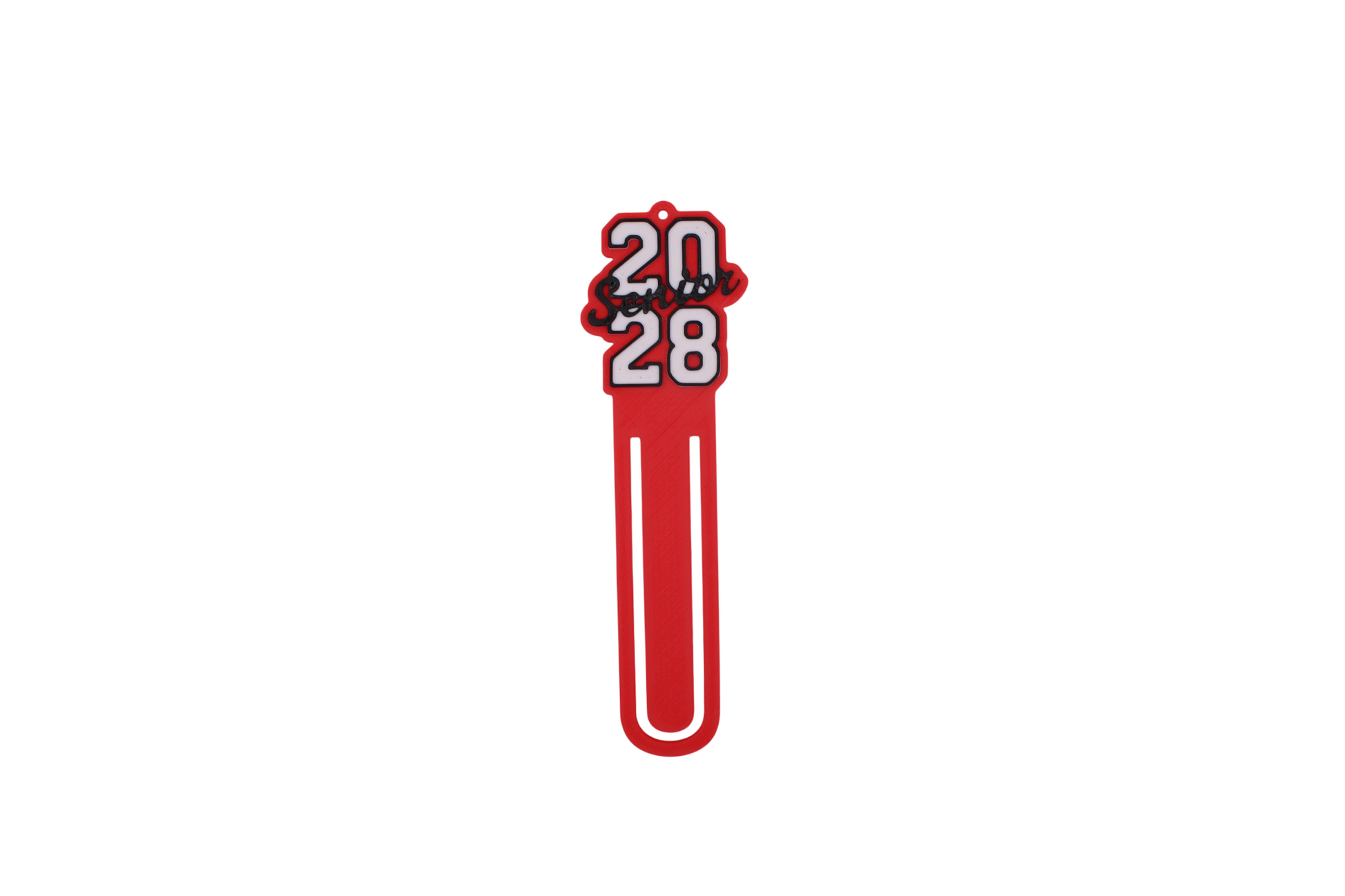 3D printed red graduation bookmark with black and white Class of 2028 lettering and cap icons