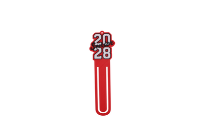 3D printed red graduation bookmark with black and white Class of 2028 lettering and cap icons