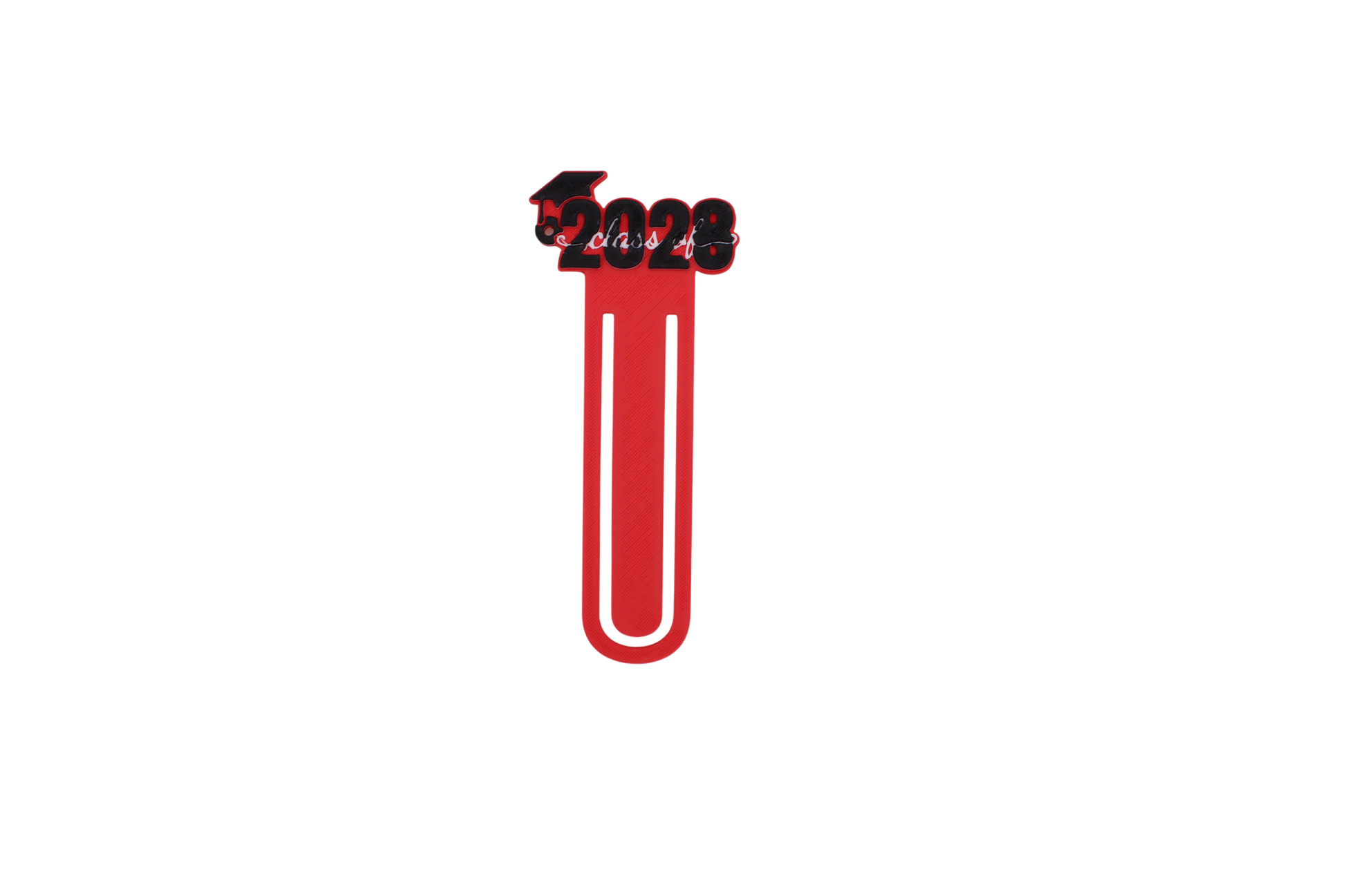 3D printed red graduation bookmark with black and white Class of 2028 lettering and cap icons