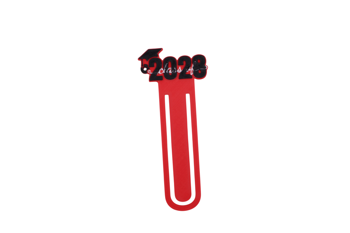 3D printed red graduation bookmark with black and white Class of 2028 lettering and cap icons