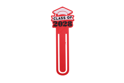 A red novelty paperclip-shaped sign featuring a graduation cap icon and the text 'CLASS OF 2028' in black and white, set against a plain white background.