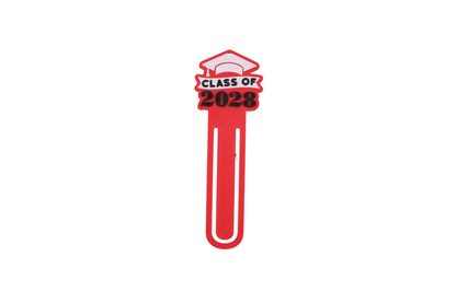 3D printed red graduation bookmark with black and white Class of 2028 lettering and cap icons