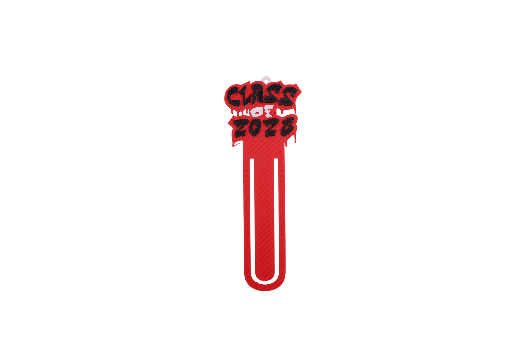 3D printed red graduation bookmark with black and white Class of 2028 lettering and cap icons