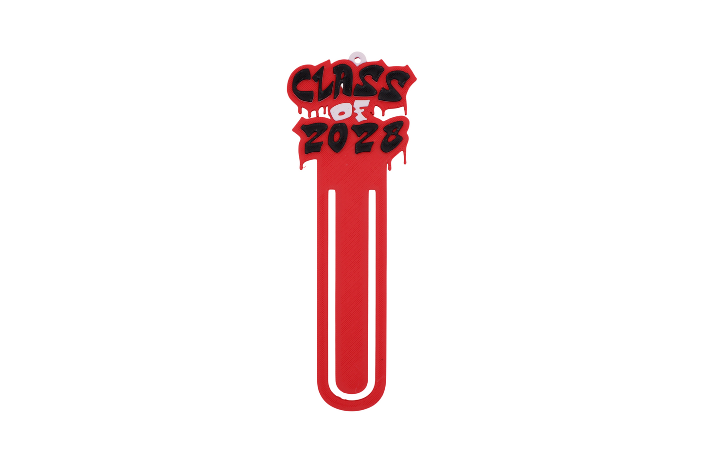 3D printed red graduation bookmark with black and white Class of 2028 lettering and cap icons