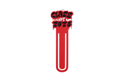 3D printed red graduation bookmark with black and white Class of 2028 lettering and cap icons