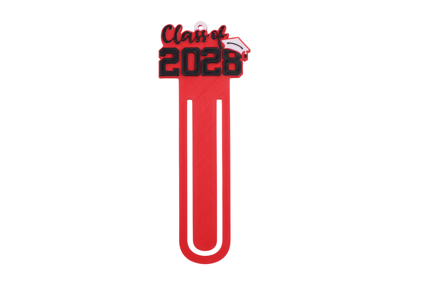 3D printed red graduation bookmark with black and white Class of 2028 lettering and cap icons