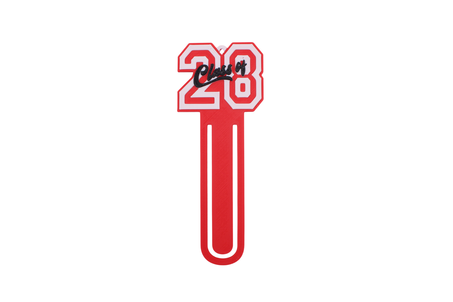 3D printed red graduation bookmark with black and white Class of 2028 lettering and cap icons