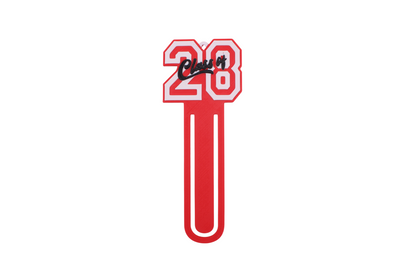 3D printed red graduation bookmark with black and white Class of 2028 lettering and cap icons