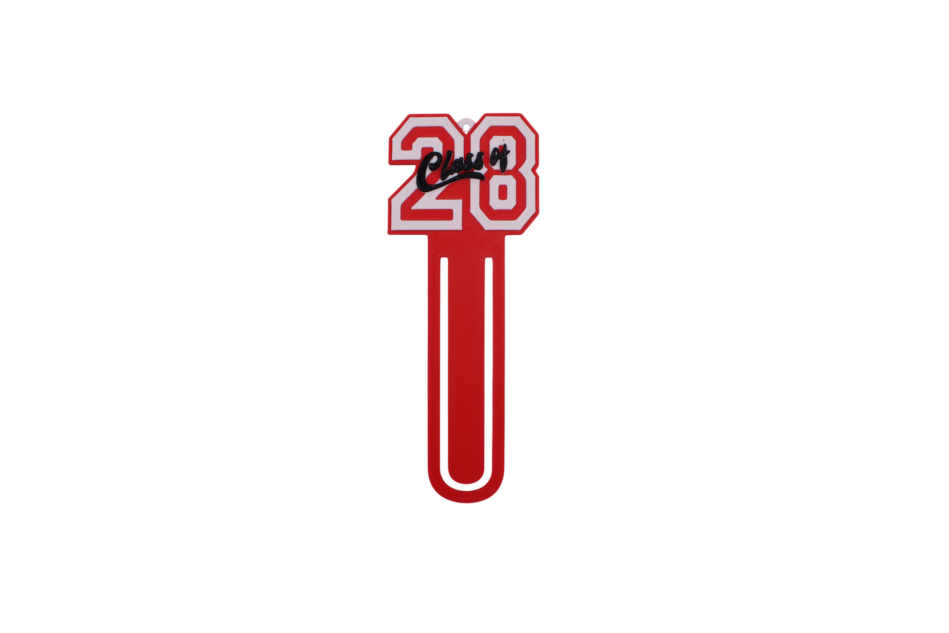 3D printed red graduation bookmark with black and white Class of 2028 lettering and cap icons