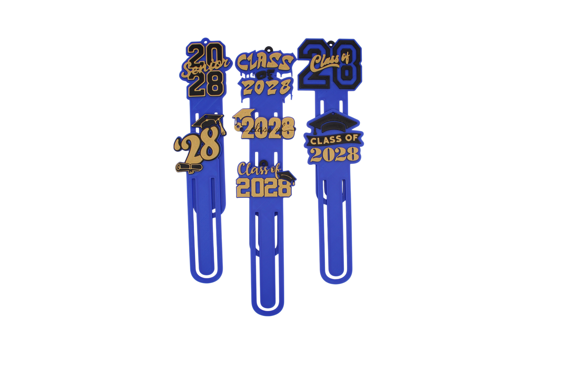 Set of 7 3D printed Class of 2028 graduation bookmarks in royal blue and gold with graduation caps and diploma accents