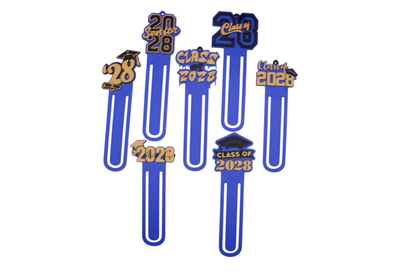 Set of 7 3D printed Class of 2028 graduation bookmarks in royal blue and gold with graduation caps and diploma accents