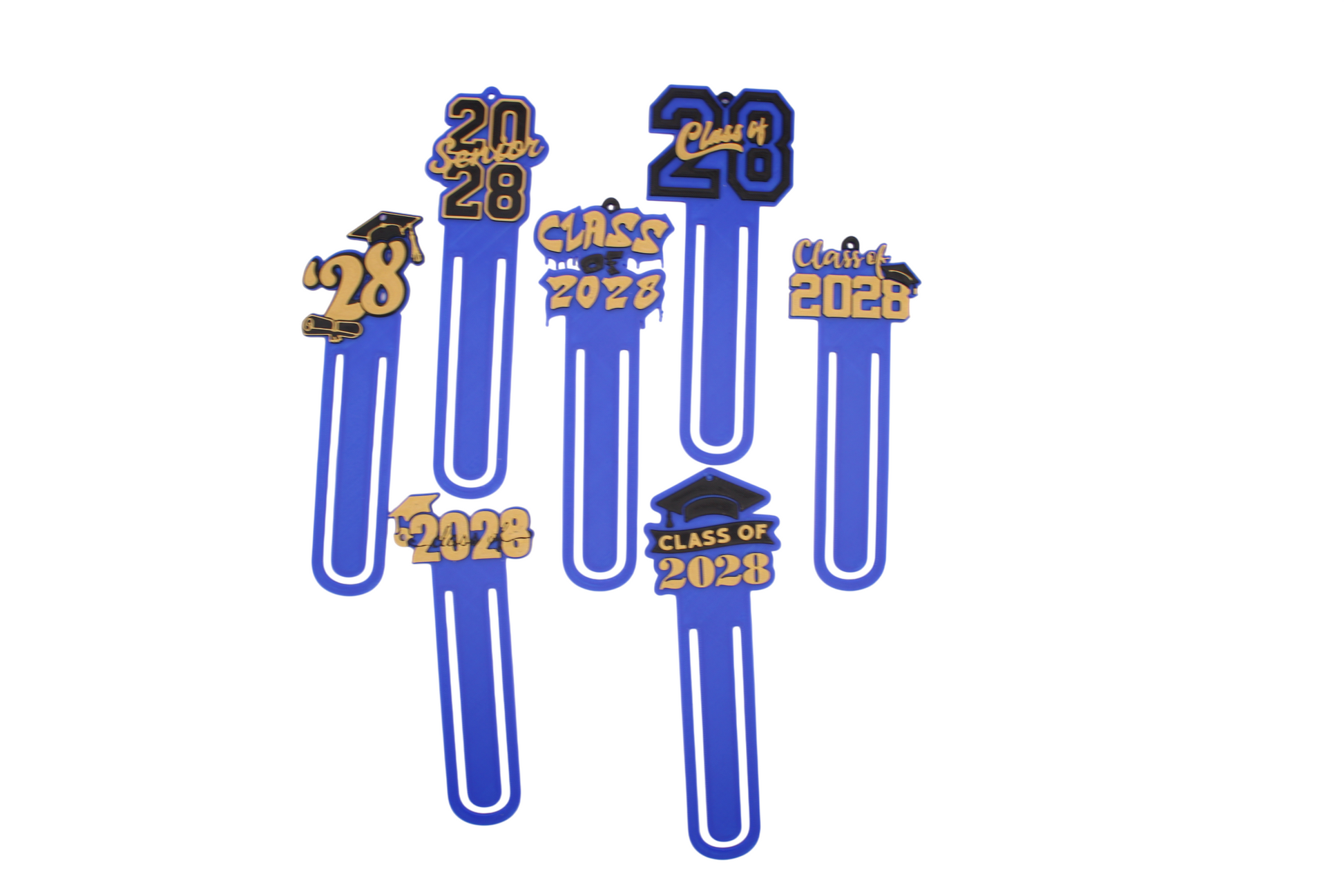 Set of 7 3D printed Class of 2028 graduation bookmarks in royal blue and gold with graduation caps and diploma accents