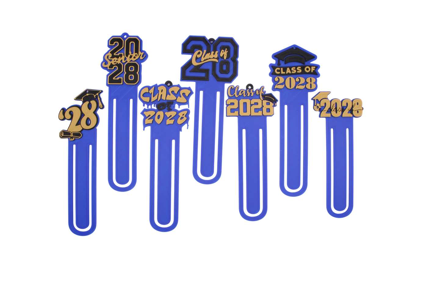 Set of 7 3D printed Class of 2028 graduation bookmarks in royal blue and gold with graduation caps and diploma accents