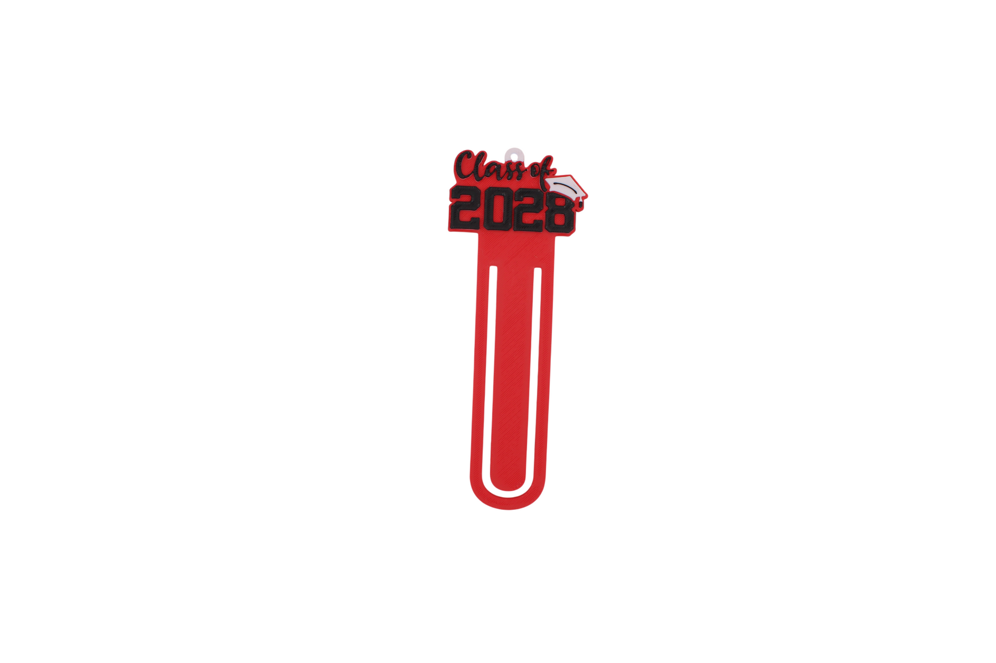 3D printed red graduation bookmark with black and white Class of 2028 lettering and cap icons