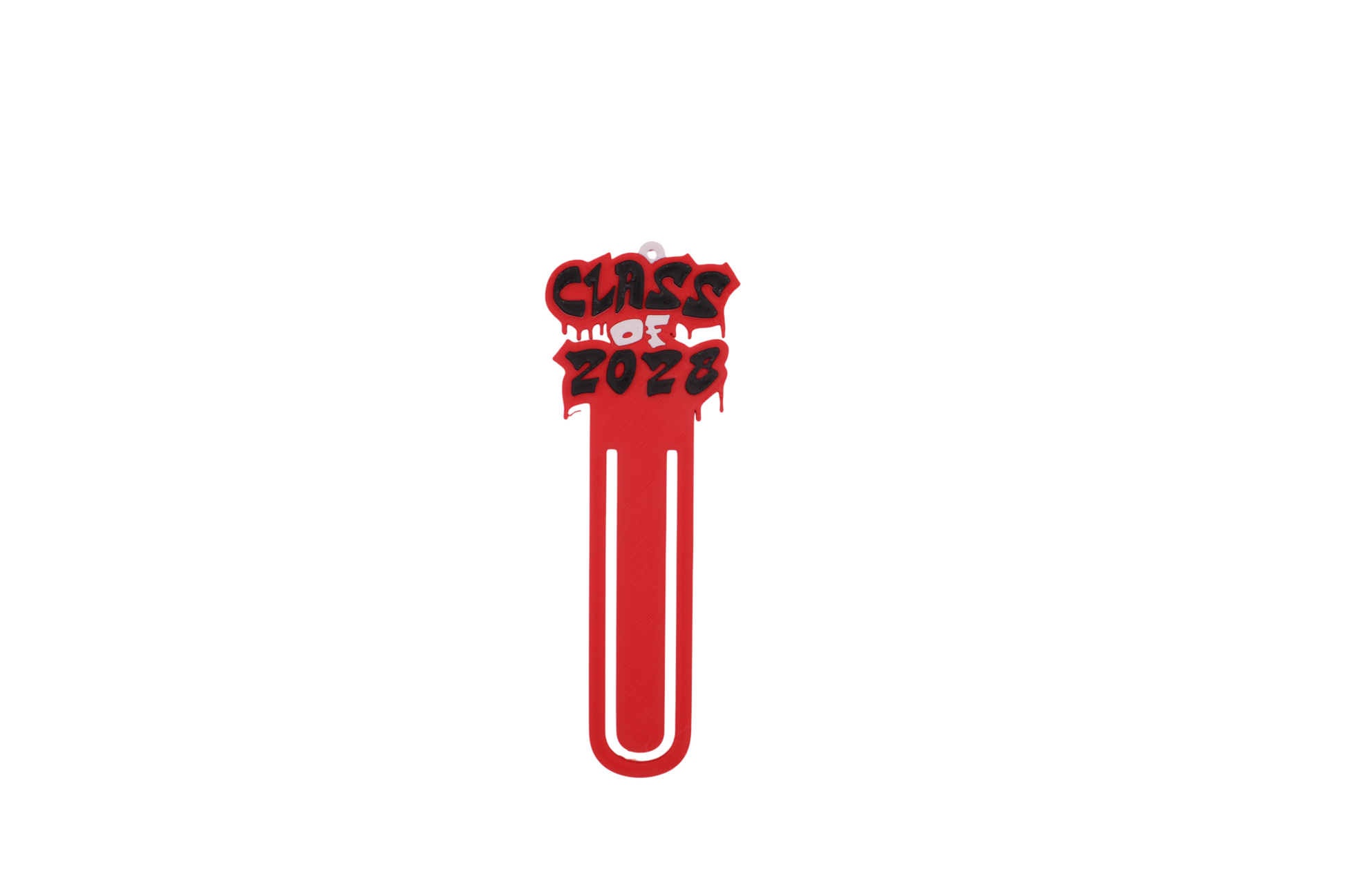 3D printed red graduation bookmark with black and white Class of 2028 lettering and cap icons