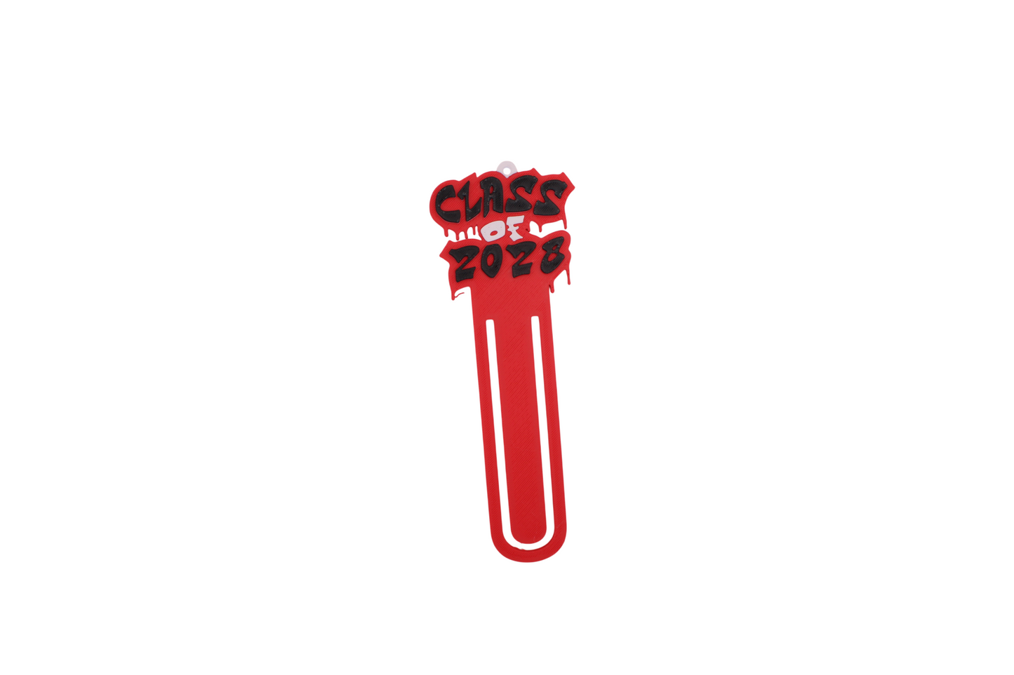3D printed red graduation bookmark with black and white Class of 2028 lettering and cap icons