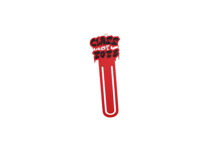 3D printed red graduation bookmark with black and white Class of 2028 lettering and cap icons