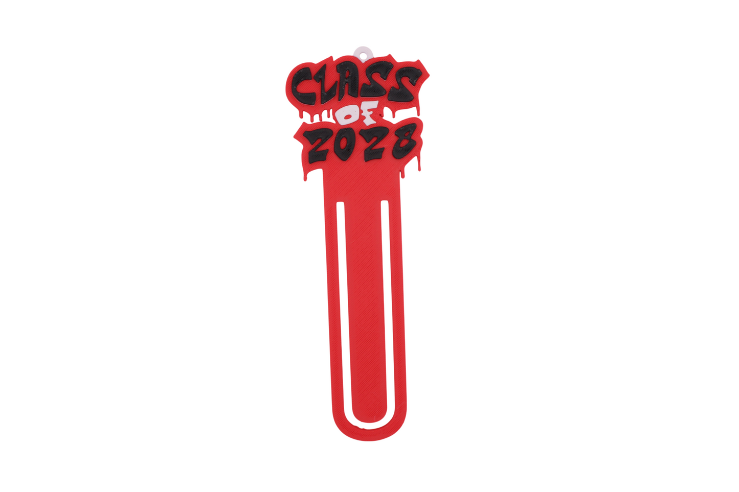 3D printed red graduation bookmark with black and white Class of 2028 lettering and cap icons