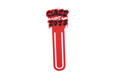 3D printed red graduation bookmark with black and white Class of 2028 lettering and cap icons