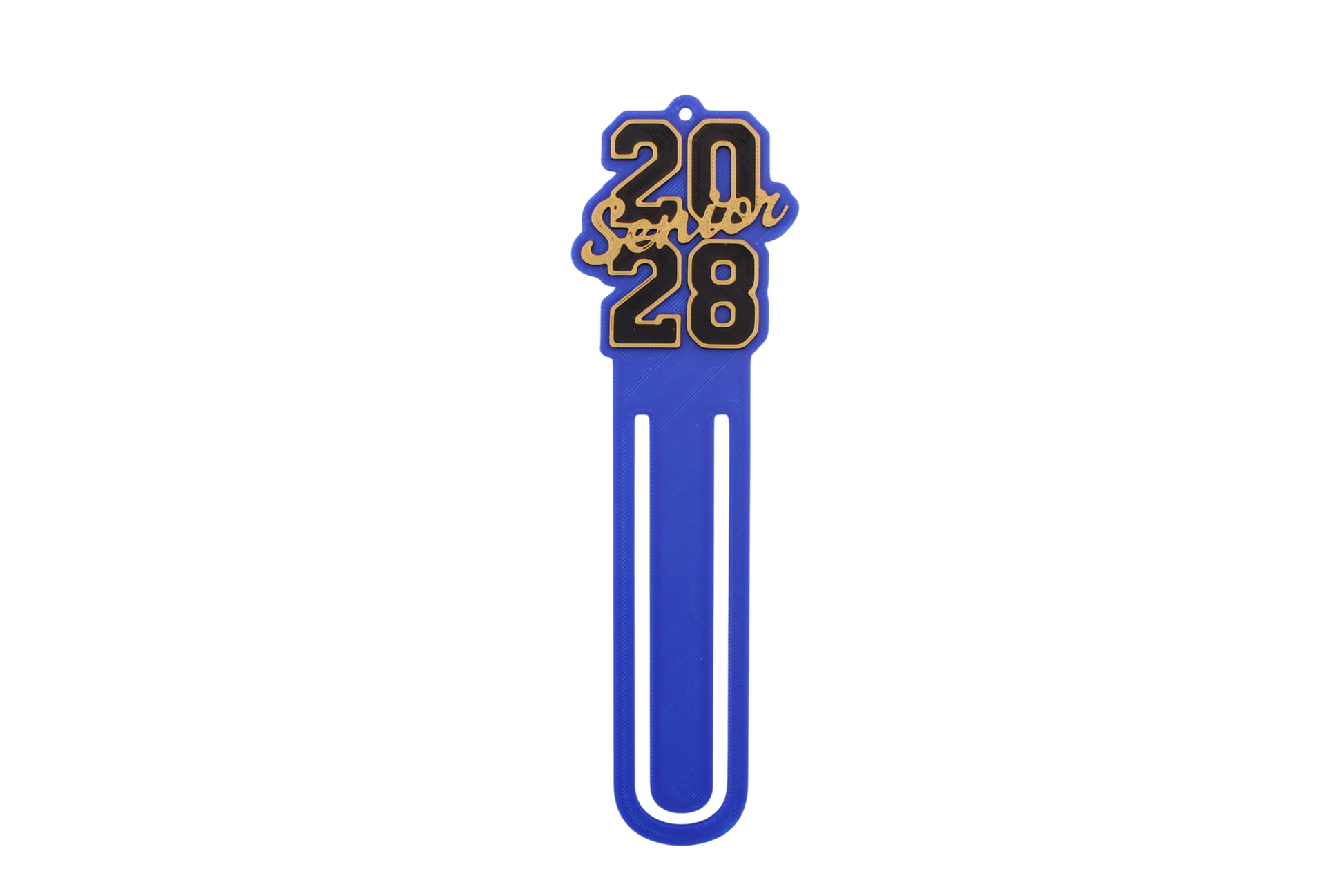 3D printed blue page clip bookmarks for Class of 2028 and Senior 2028 graduates, gold lettering set