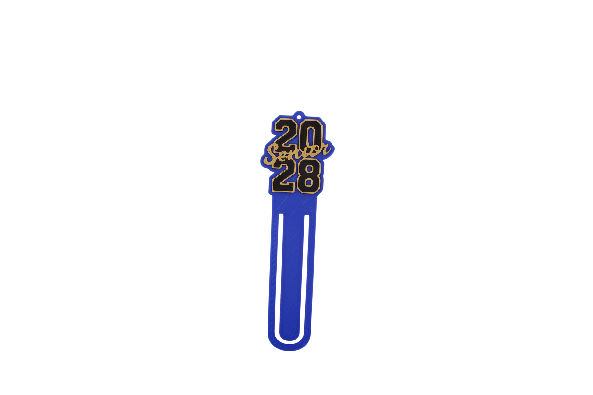 3D printed blue page clip bookmarks for Class of 2028 and Senior 2028 graduates, gold lettering set